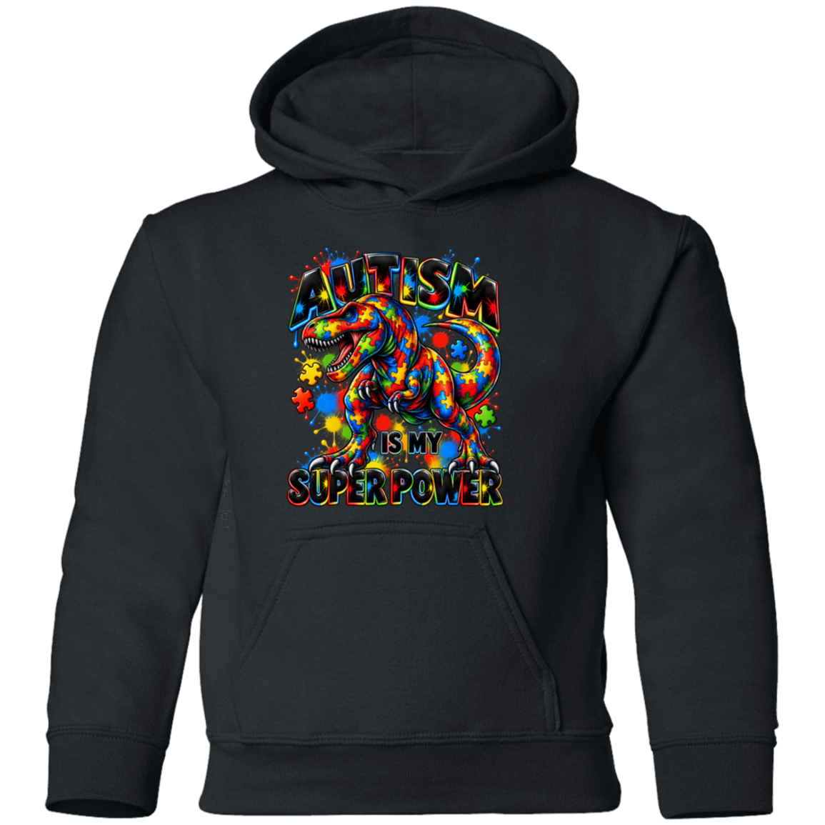 A black pullover hoodie with a colorful graphic on the chest featuring a rainbow-colored brain and the text 'AUTISM IS MY SUPER POWER' in a stylized font.