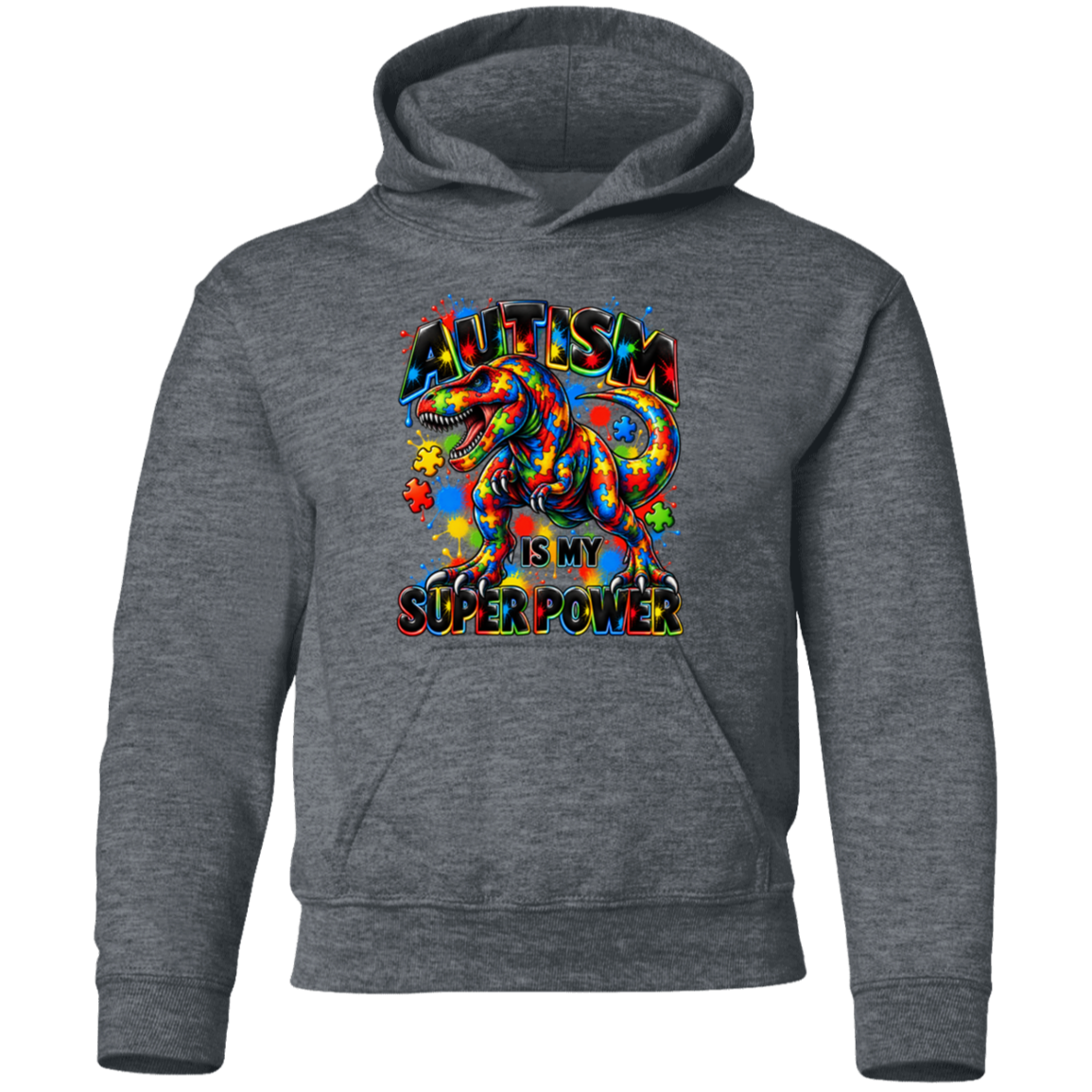 A dark gray heather pullover hoodie featuring a colorful graphic on the chest with a stylized dragon and the text 'AUTISM IS MY SUPER POWER' in a rainbow gradient font.