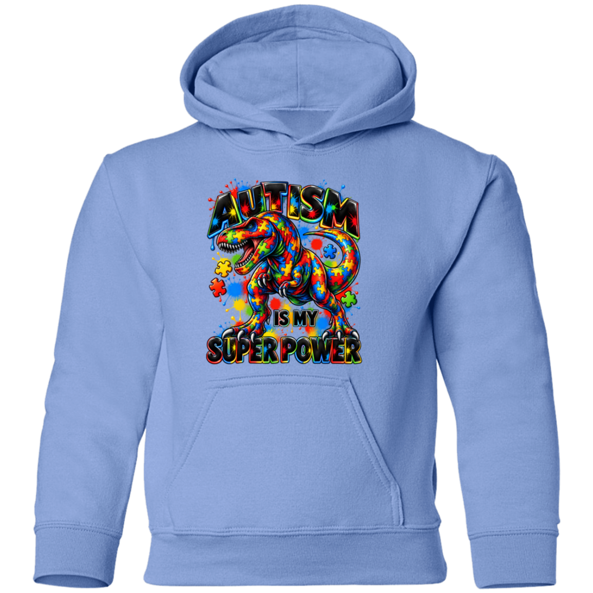 A light blue pullover hoodie with a colorful graphic on the chest featuring a rainbow-striped dinosaur and the text 'AUTISM IS MY SUPER POWER'.
