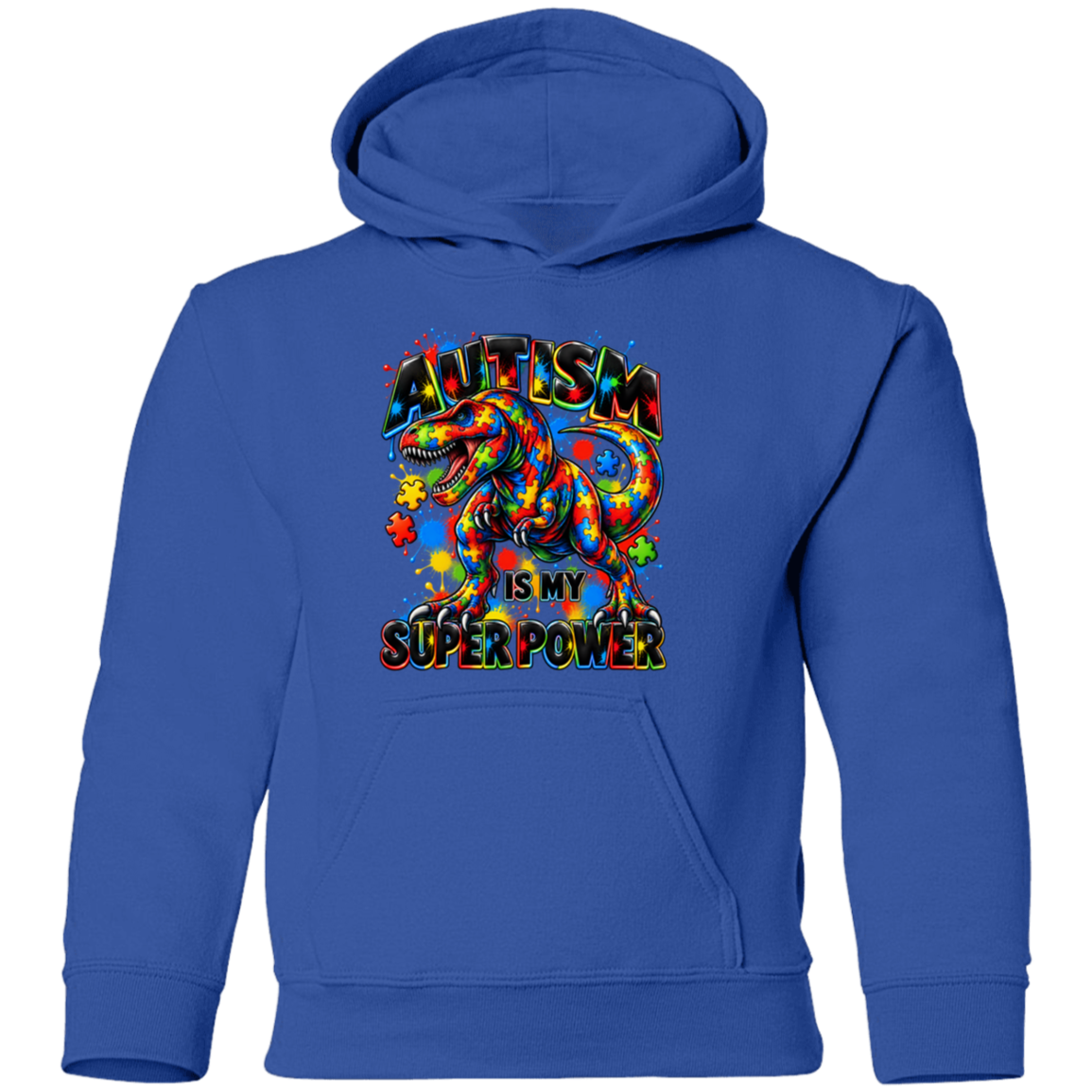 A royal blue pullover hoodie featuring a colorful graphic on the chest with a rainbow-colored dinosaur and the text 'AUTISM IS MY SUPER POWER' in a stylized font.