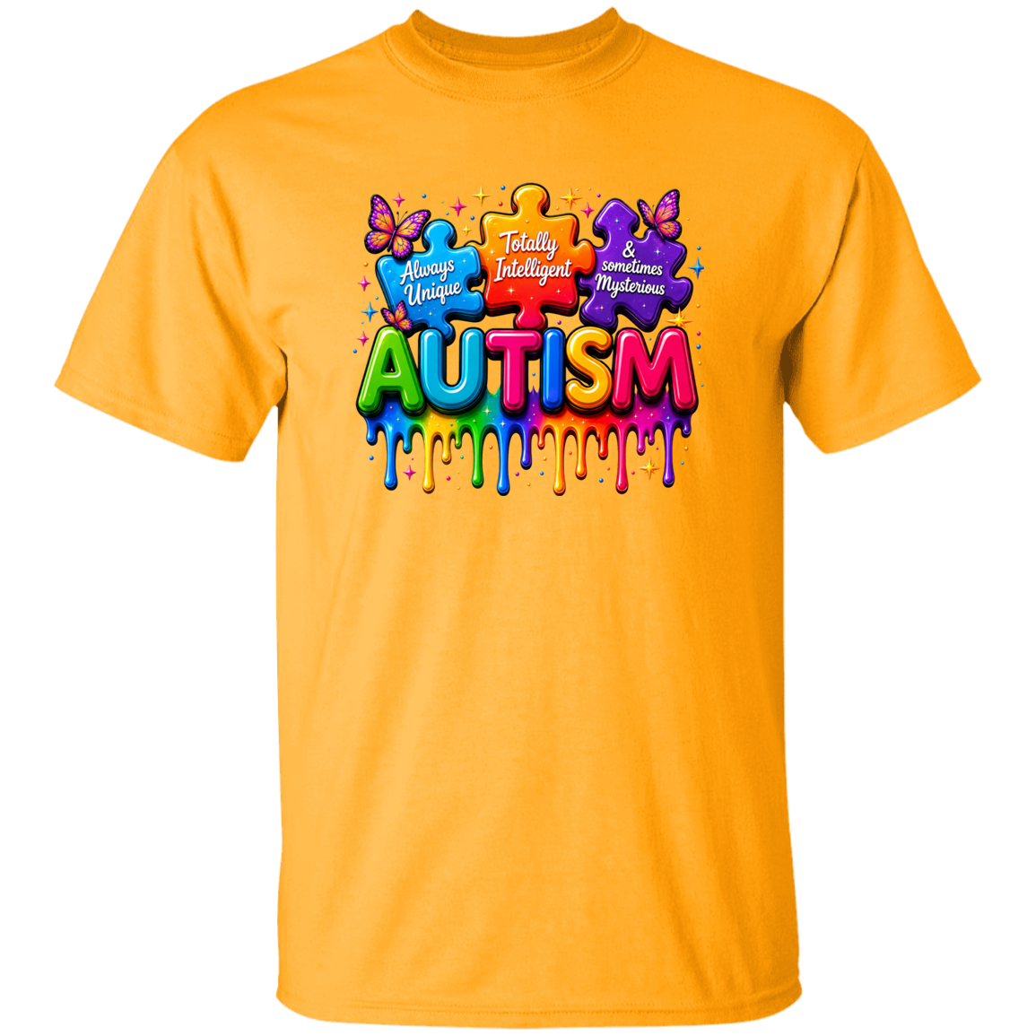 A bright yellow short-sleeve t-shirt with a colorful graphic on the chest. The graphic features puzzle pieces and butterflies surrounding the word 'AUTISM' in dripping, multicolored letters, with the phrases 'Always Unique', 'Actually Intelligent', and 'Sometimes Mysterious' written on the puzzle pieces.
