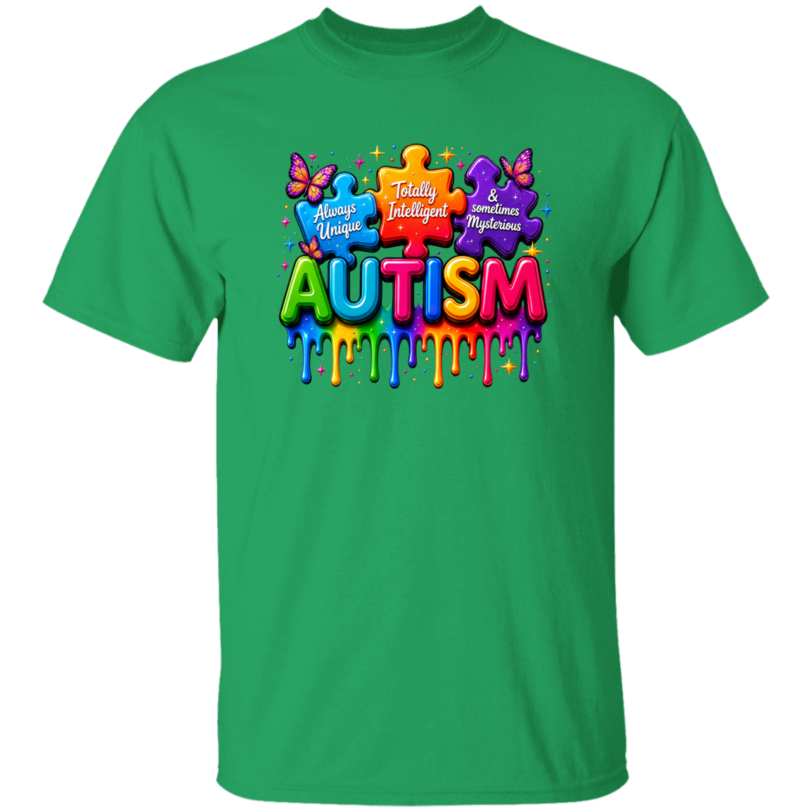 A green short-sleeve crewneck t-shirt featuring a colorful graphic on the chest with puzzle pieces, butterflies, and the word 'AUTISM' in dripping rainbow letters.