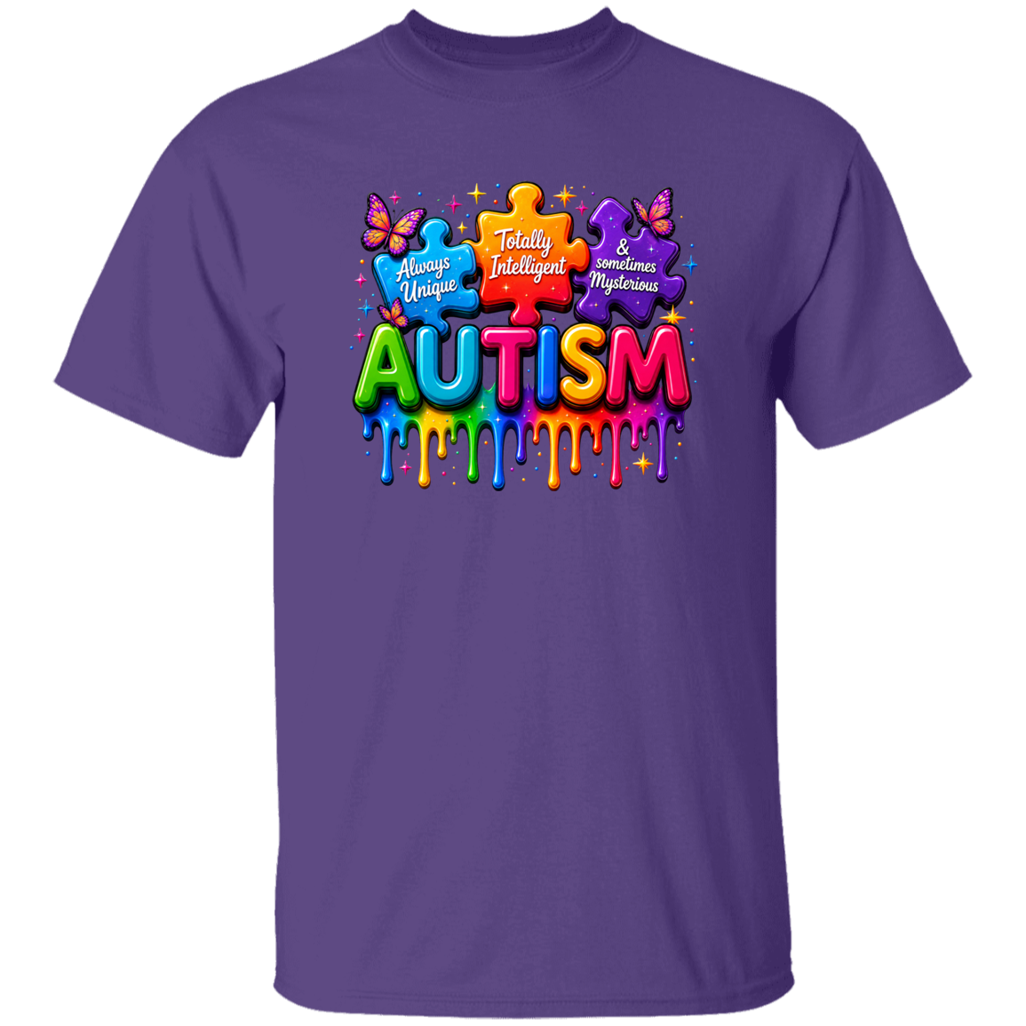 A purple short-sleeve crewneck t-shirt featuring a colorful graphic on the chest with the word 'AUTISM' in dripping rainbow letters, puzzle pieces, butterflies, and the phrases 'Always Unique' and 'Truly Intelligent & resourceful Mysterious'.