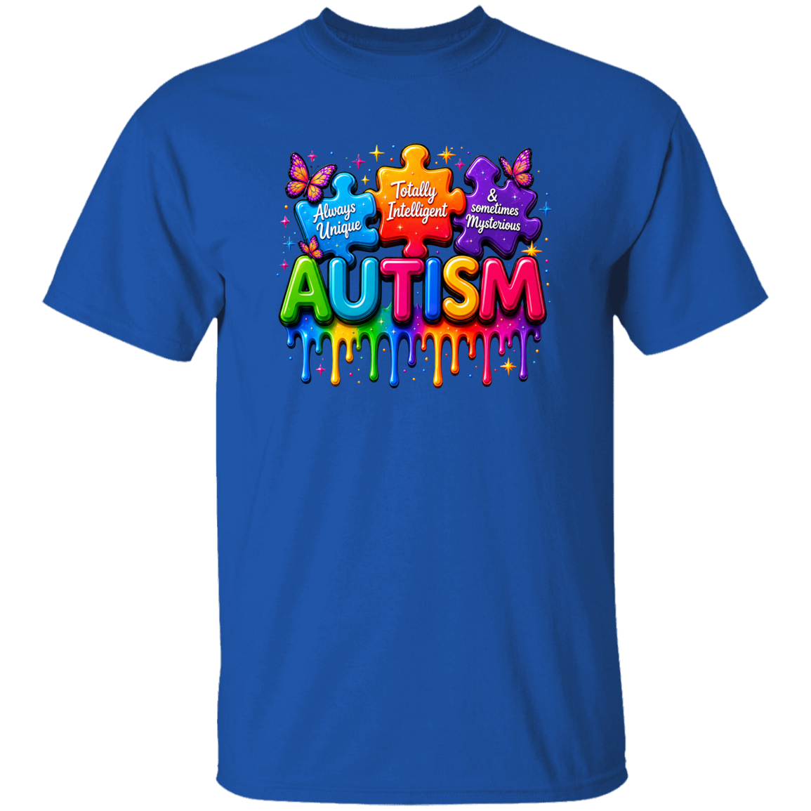A royal blue short-sleeve t-shirt with a colorful graphic on the chest featuring puzzle pieces, butterflies, and the word 'AUTISM' in dripping rainbow letters.