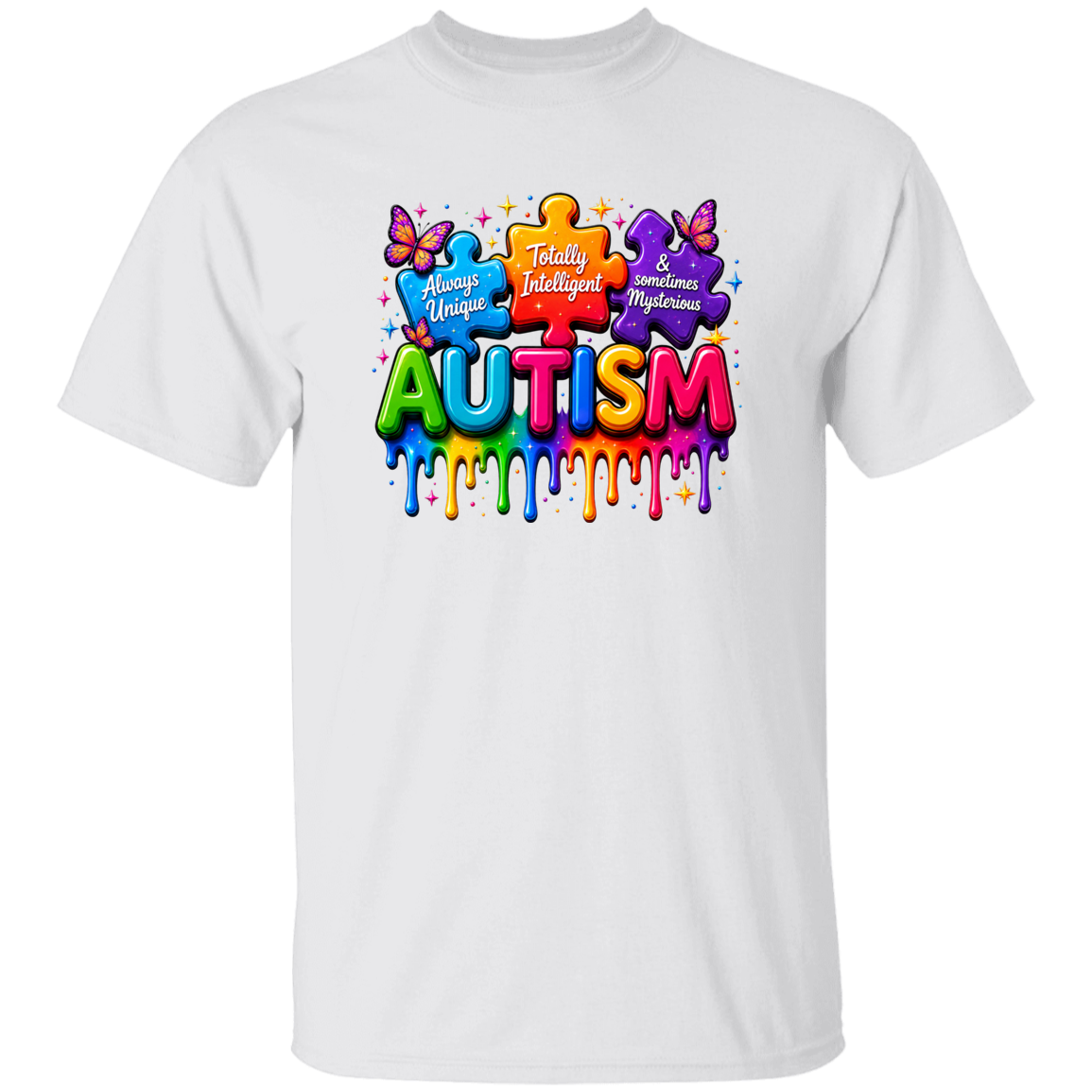 A white short-sleeve crewneck t-shirt featuring a colorful graphic on the chest. The graphic displays three puzzle pieces in blue, orange, and purple with butterflies, above the word 'AUTISM' in dripping, multicolored letters.