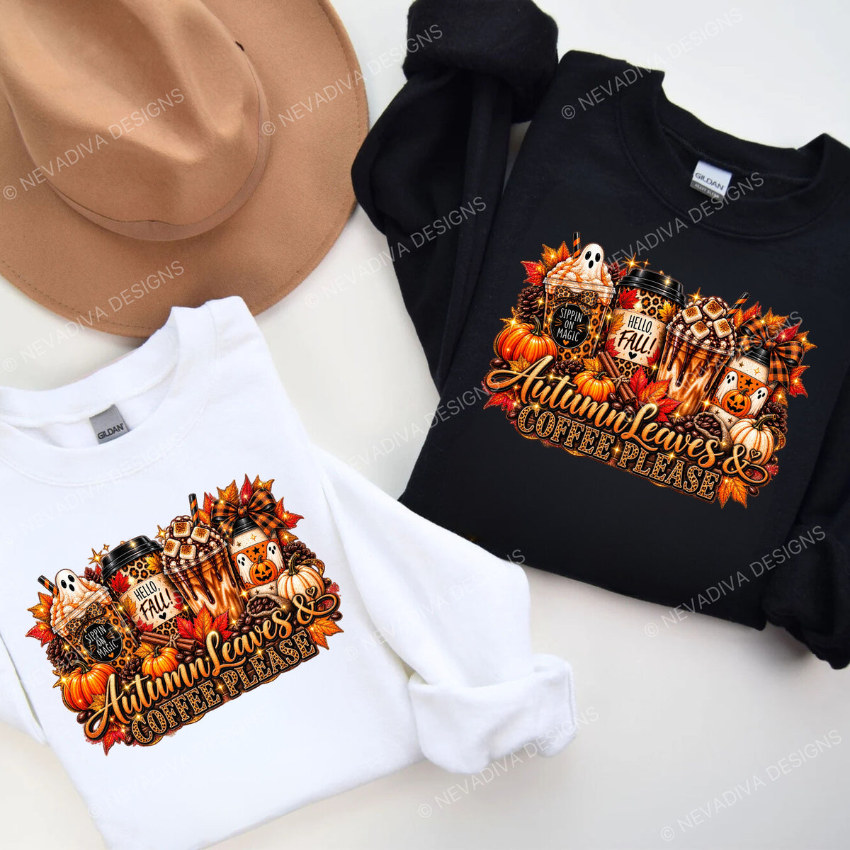 Autumn Leaves & Coffee Please design combines everything we love about fall—coffee, pumpkins, colorful autumn leaves, adorable ghosts, leopard print, and plenty of sparkle.