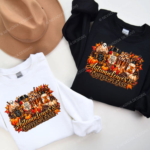 Autumn Leaves & Coffee Please design combines everything we love about fall—coffee, pumpkins, colorful autumn leaves, adorable ghosts, leopard print, and plenty of sparkle.
