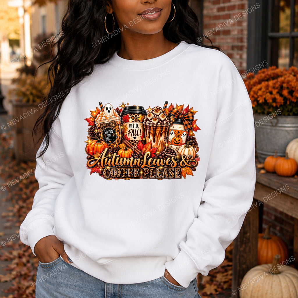 women wearing a white sweater with
Autumn Leaves & Coffee Please design combines everything we love about fall—coffee, pumpkins, colorful autumn leaves, adorable ghosts, leopard print, and plenty of sparkle.