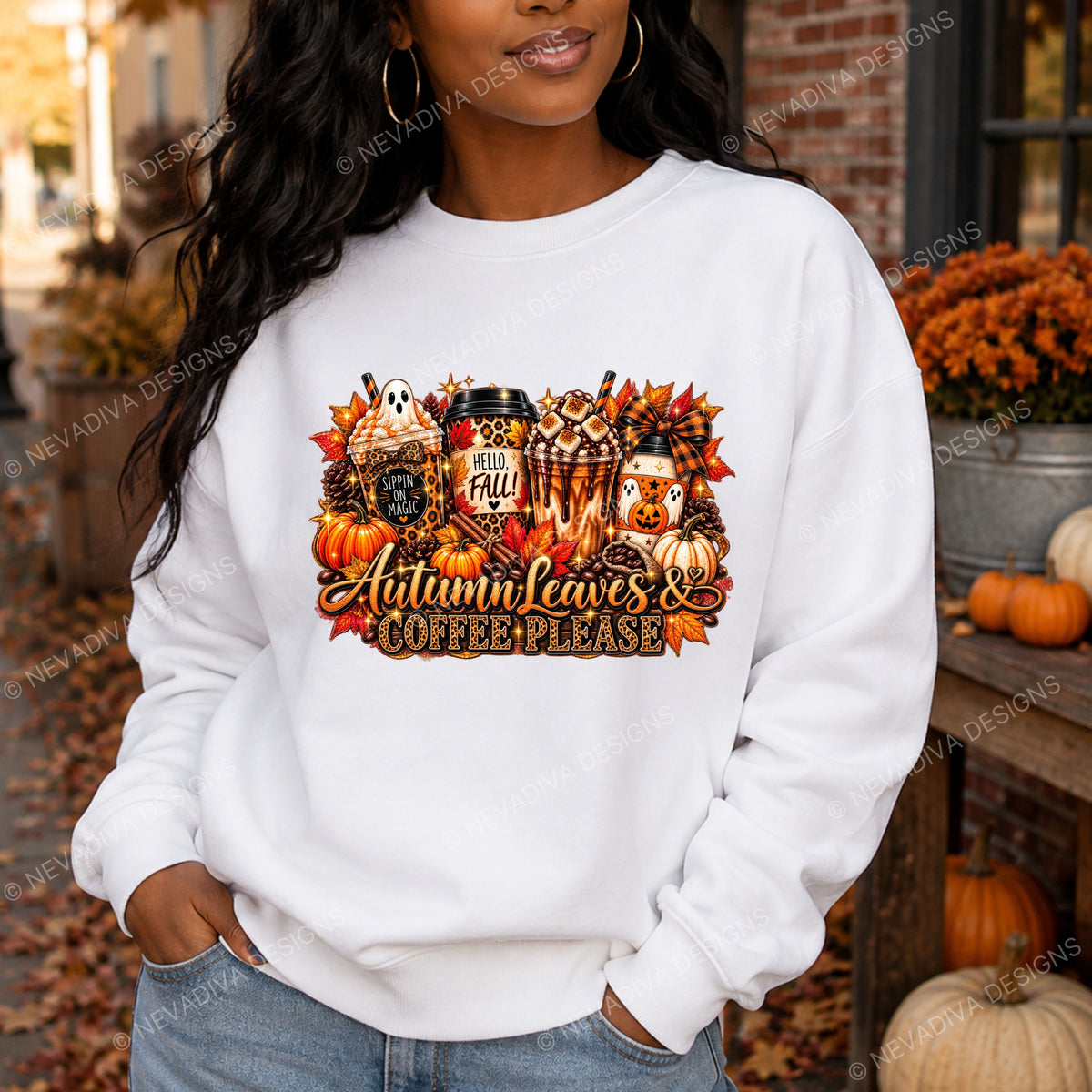 women wearing a white sweater with
Autumn Leaves & Coffee Please design combines everything we love about fall—coffee, pumpkins, colorful autumn leaves, adorable ghosts, leopard print, and plenty of sparkle.