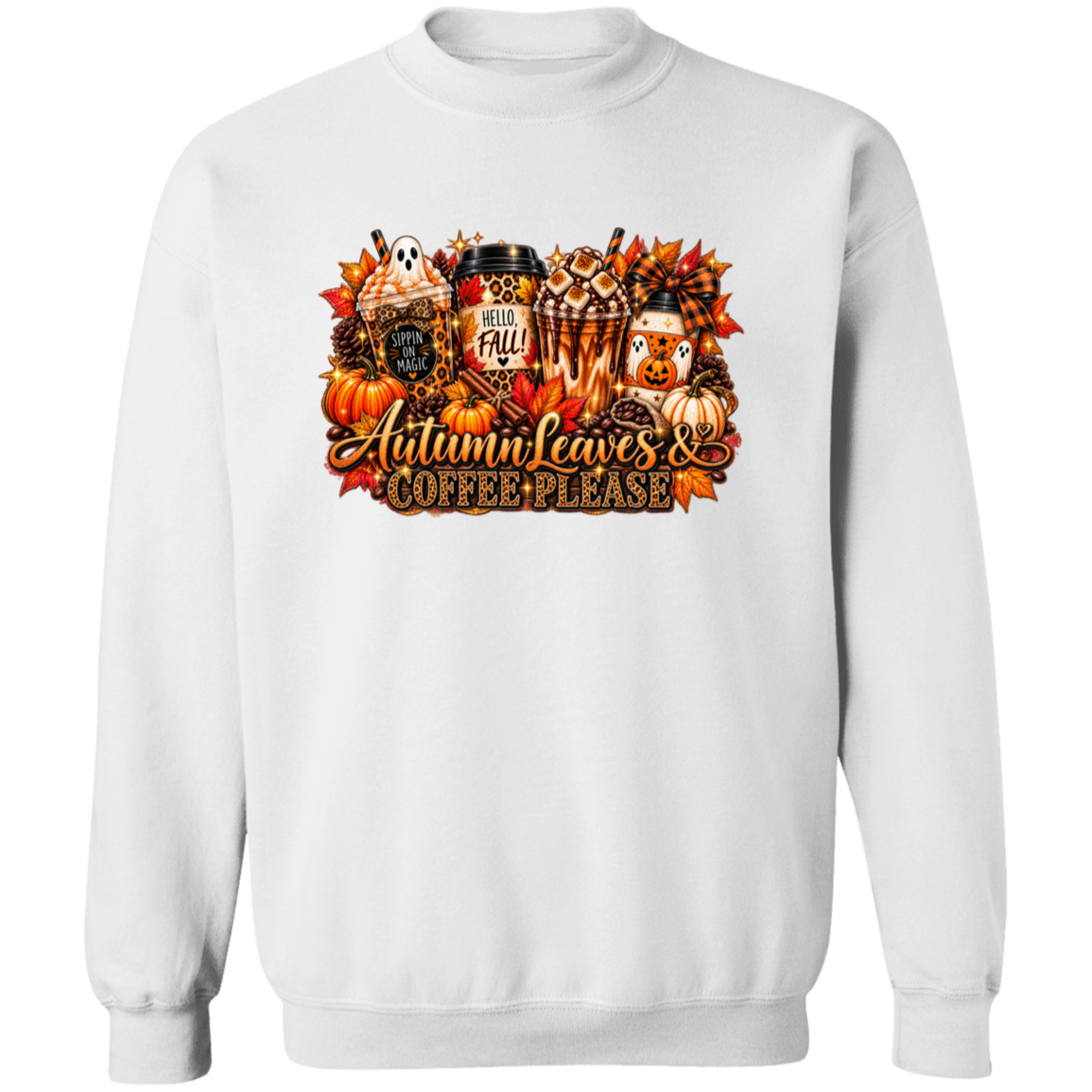 white sweater with the text Autumn Leaves & Coffee Please design combines everything we love about fall—coffee, pumpkins, colorful autumn leaves, adorable ghosts, leopard print, and plenty of sparkle.