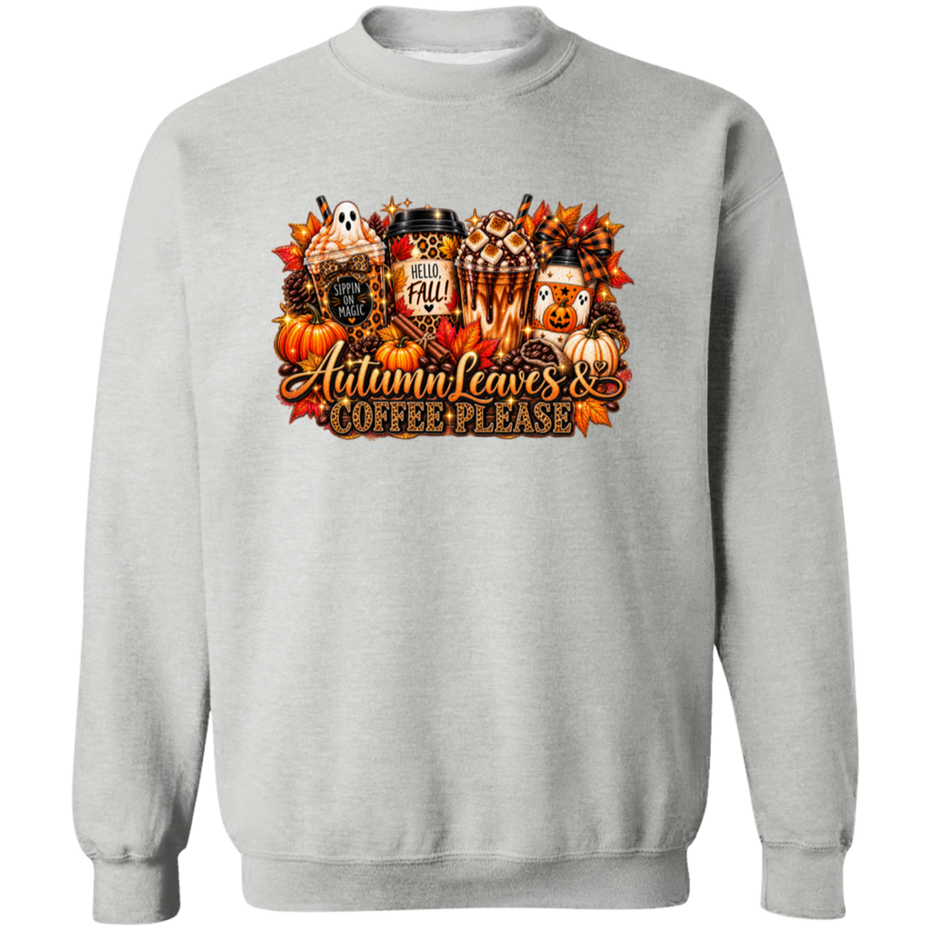 Gray sweater with the text Autumn Leaves & Coffee Please design combines everything we love about fall—coffee, pumpkins, colorful autumn leaves, adorable ghosts, leopard print, and plenty of sparkle.