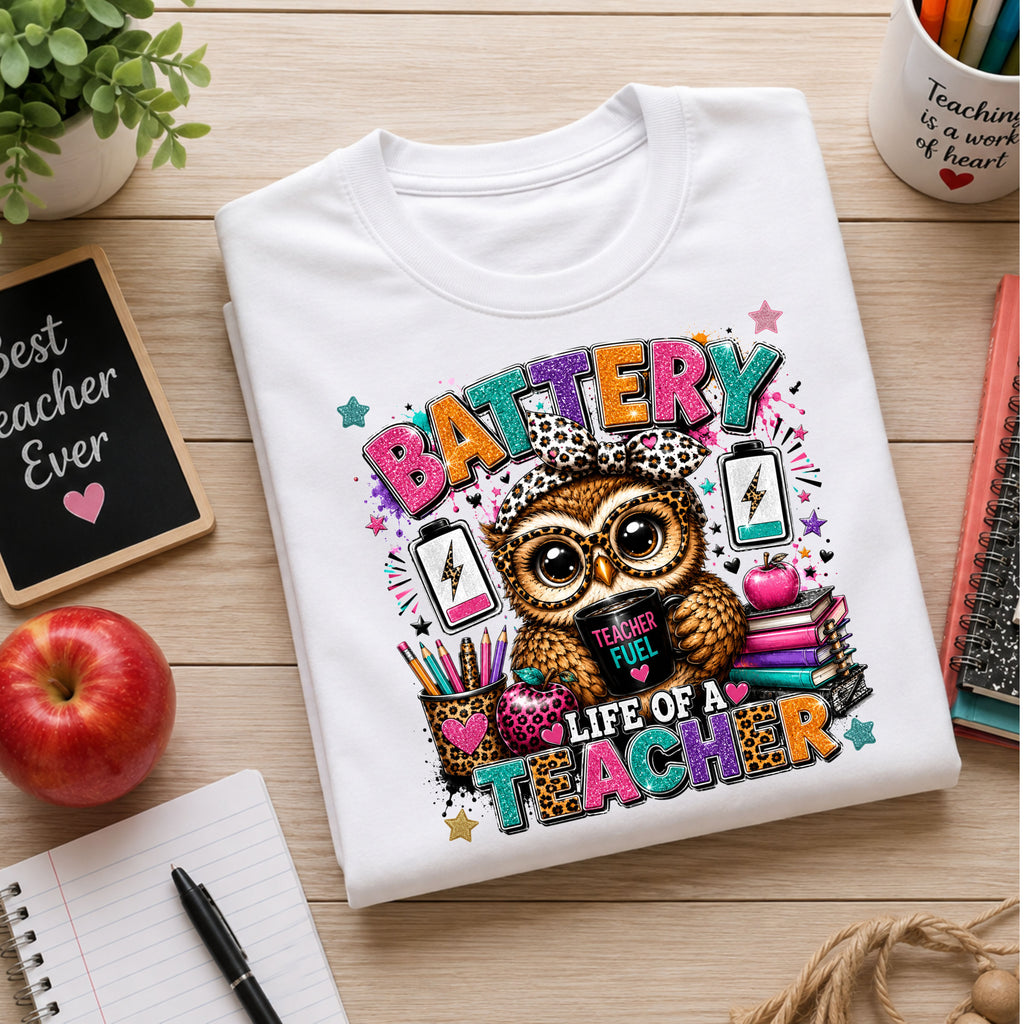 A folded white graphic T-shirt displayed on a wooden desk with school-themed props including an apple, notebook, chalkboard sign, and pencil holder. The shirt features a colorful owl illustration and the text 'BATTERY LIFE OF A TEACHER' with leopard-print and neon-style accents.
