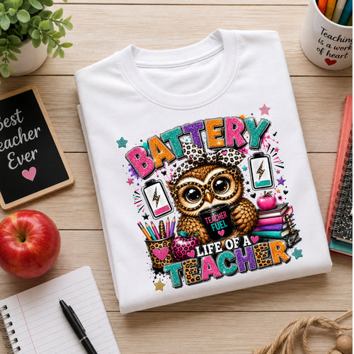 A folded white graphic T-shirt displayed on a wooden desk with school-themed props including an apple, notebook, chalkboard sign, and pencil holder. The shirt features a colorful owl illustration and the text 'BATTERY LIFE OF A TEACHER' with leopard-print and neon-style accents.