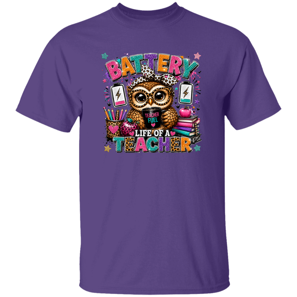 A purple short-sleeve crewneck t-shirt featuring a colorful graphic of an owl wearing glasses and a leopard-print hat, surrounded by school supplies and the text 'BATTERY LIFE OF A TEACHER'.