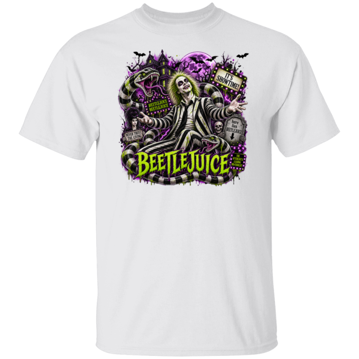 A white short-sleeve crewneck t-shirt featuring a large graphic print of Beetlejuice on the front, set against a solid white background.