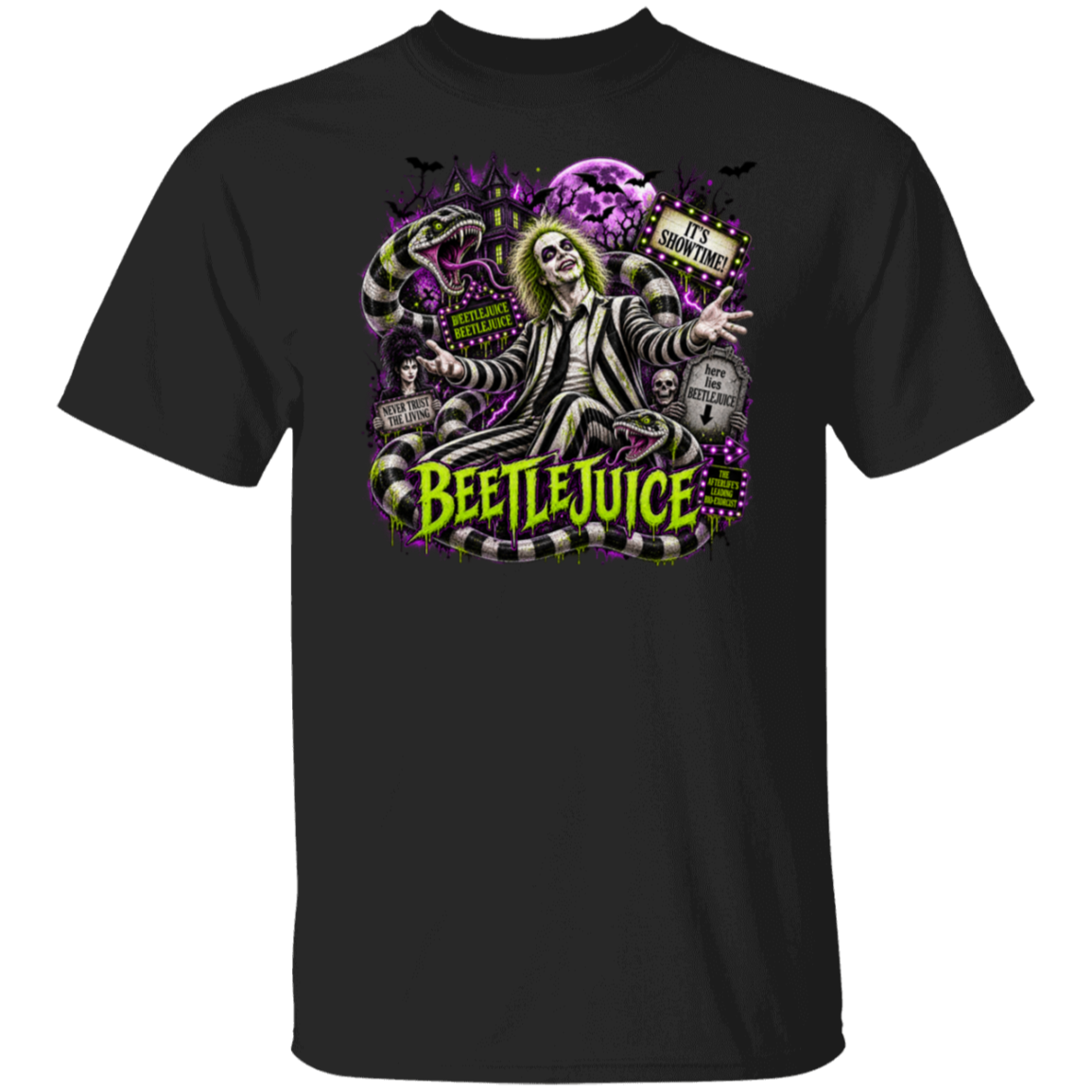 A black short-sleeve crewneck t-shirt featuring a large graphic print of Beetlejuice on the front, set against a plain white background.
