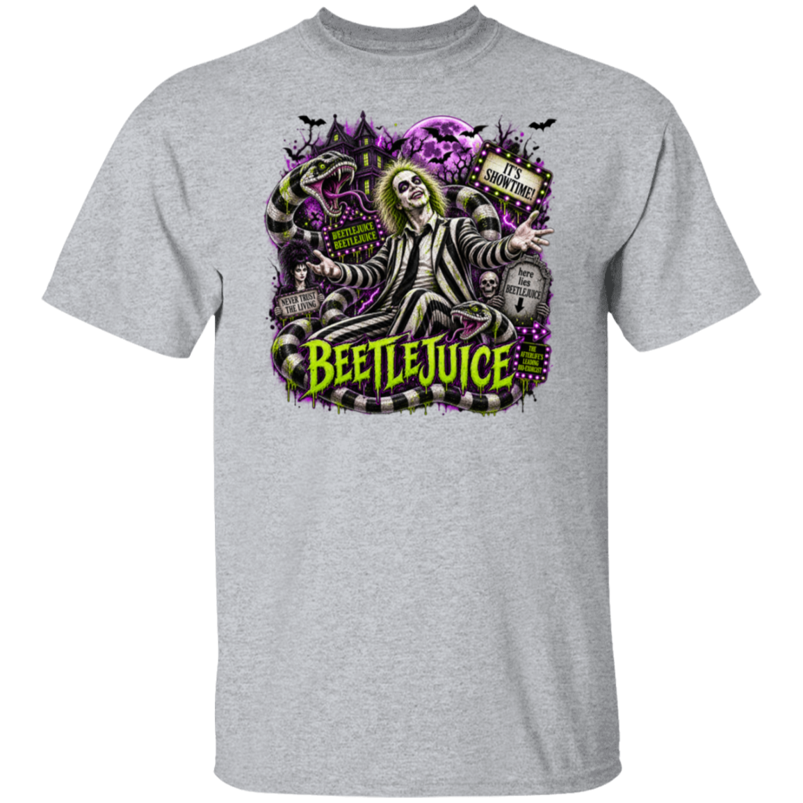 A heather gray short-sleeve crewneck t-shirt featuring a large graphic print of Beetlejuice on the front, set against a plain white background.