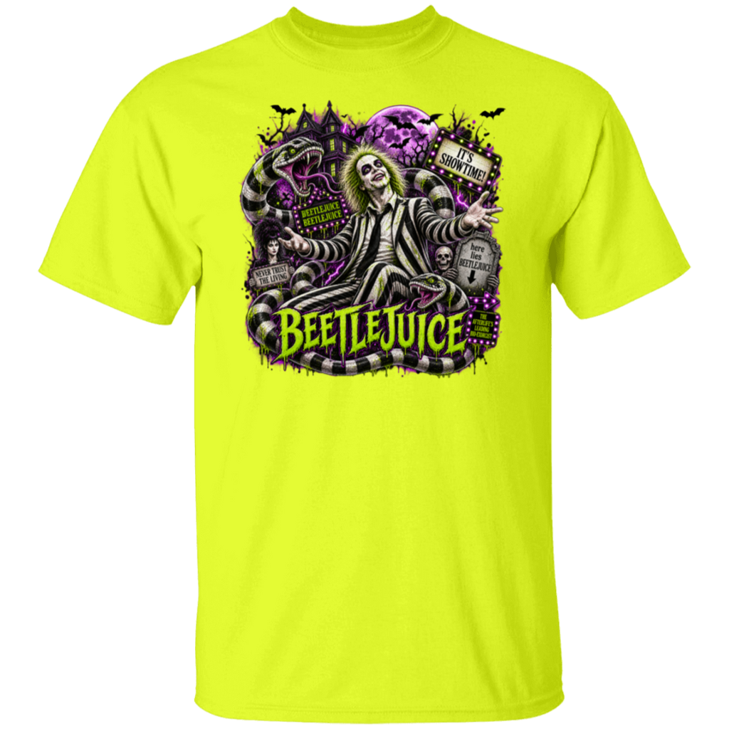 A bright neon yellow short-sleeve t-shirt featuring a large graphic print of Beetlejuice on the front, set against a solid white background.