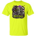 A bright neon yellow short-sleeve t-shirt featuring a large graphic print of Beetlejuice on the front, set against a solid white background.