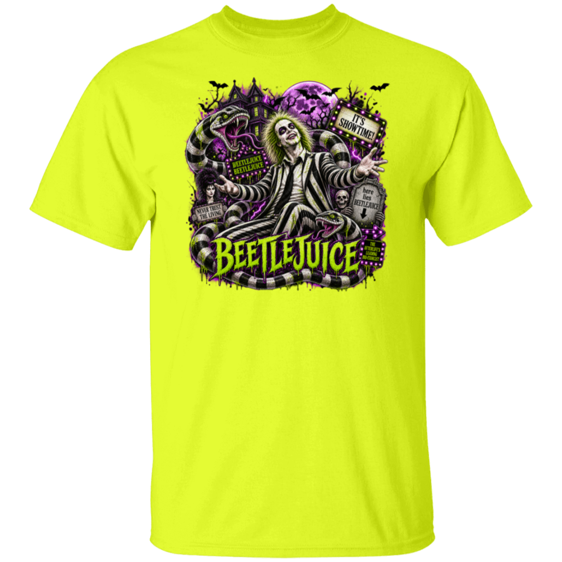 A bright neon yellow short-sleeve t-shirt featuring a large graphic print of Beetlejuice on the front, set against a solid white background.