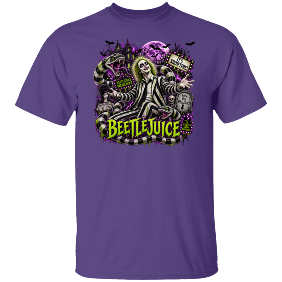 A purple short-sleeve crewneck t-shirt featuring a large graphic print of Beetlejuice on the front, set against a plain white background.