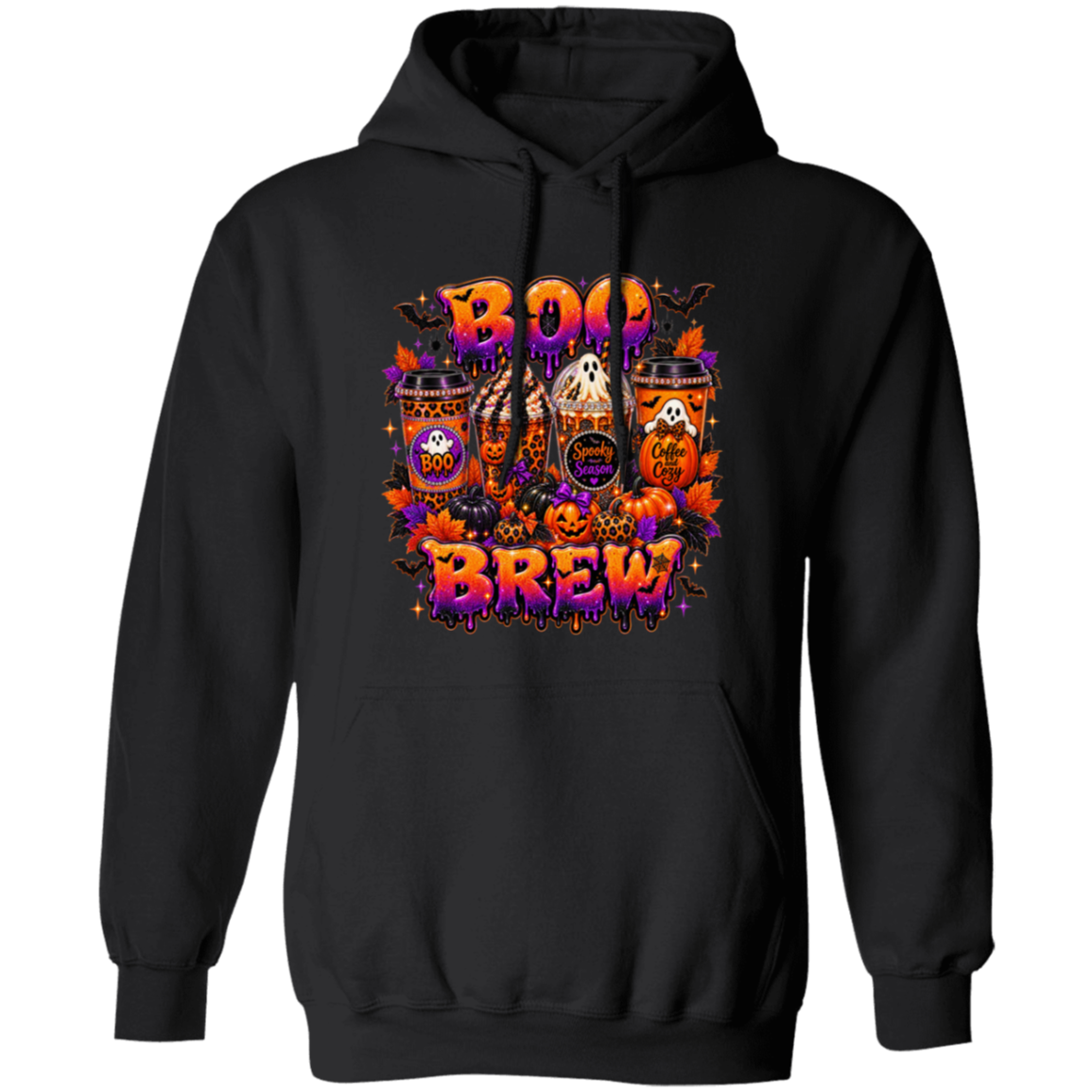 A black pullover hoodie featuring a large, colorful Halloween-themed graphic on the chest with the words 'BOO BREW' in orange and purple dripping letters, surrounded by pumpkins, ghosts, and cauldrons, shown against a plain white background.