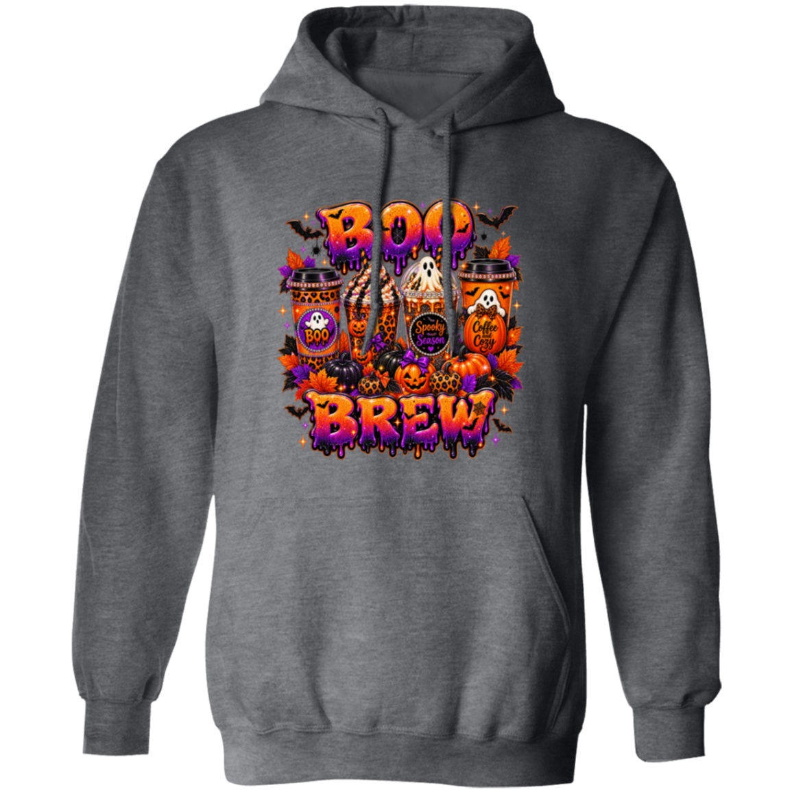 A dark gray pullover hoodie featuring a colorful 'BOO BRAWL' Halloween graphic on the chest, displayed against a solid white background.