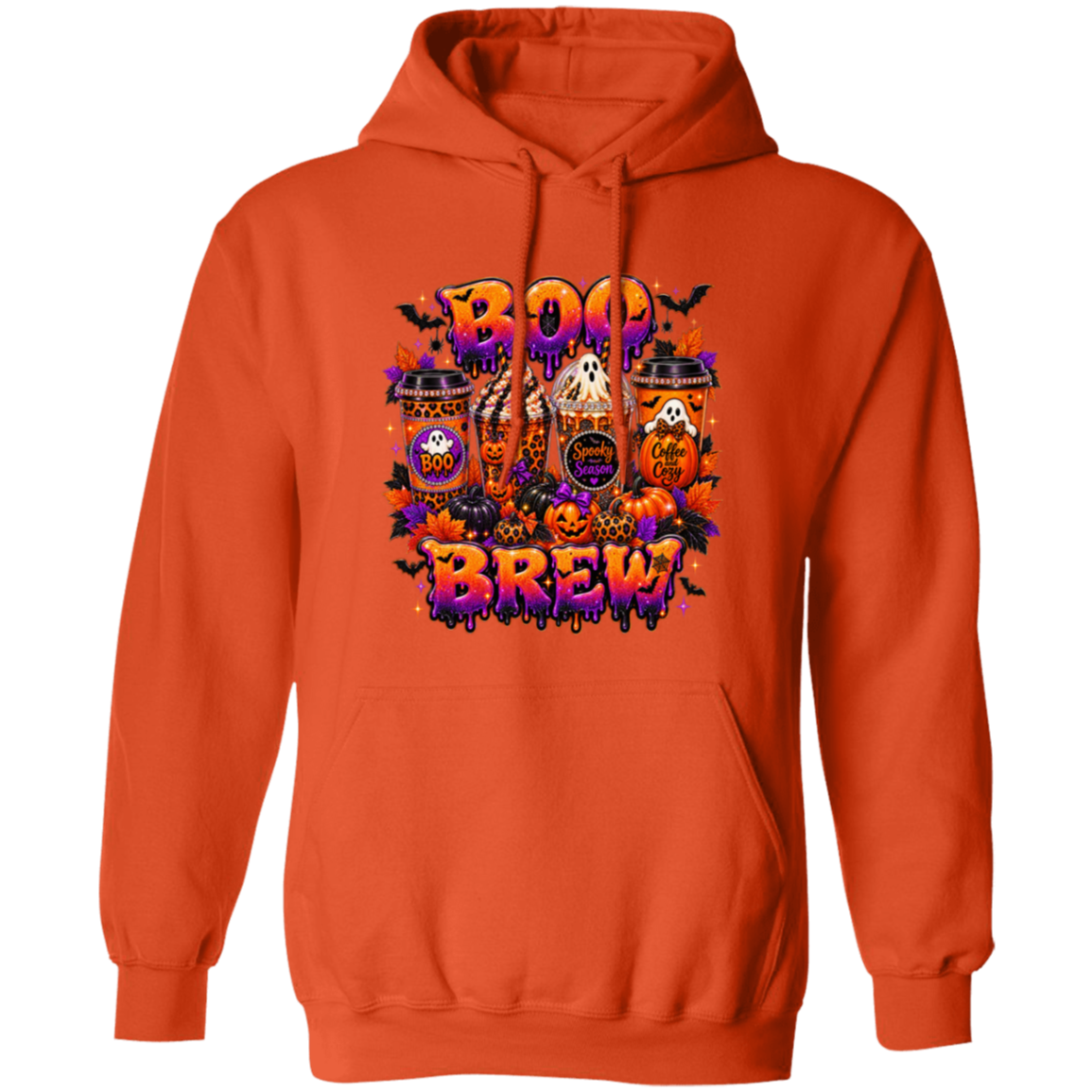 An orange pullover hoodie featuring a colorful Halloween-themed graphic print on the chest with the words 'BOO BRAWL' and illustrations of pumpkins, ghosts, bats, and a haunted house, shown against a plain white background.