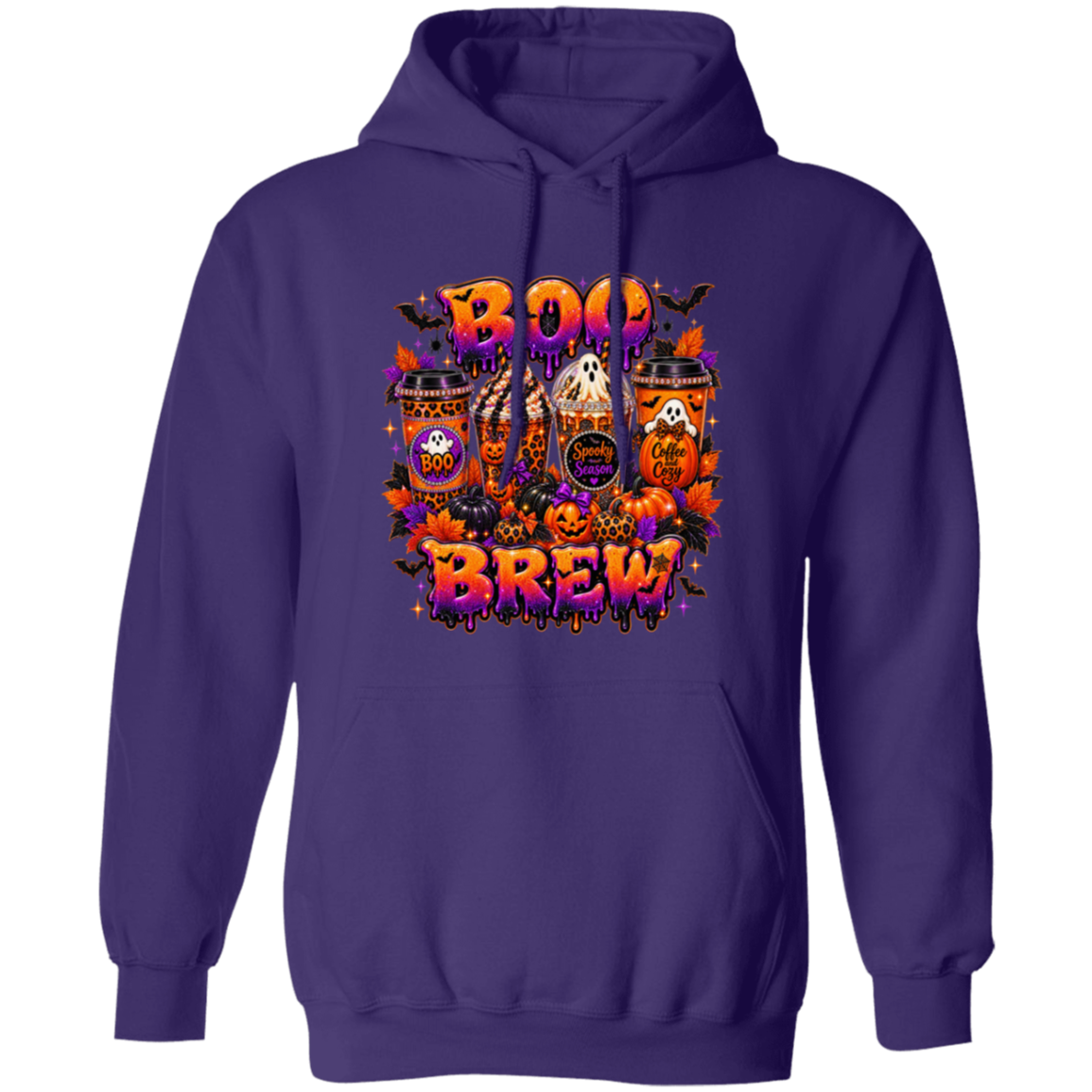 A purple pullover hoodie with a colorful 'BOO Brew' Halloween graphic on the chest, featuring pumpkins, ghosts, and haunted houses, shown on a plain white background.