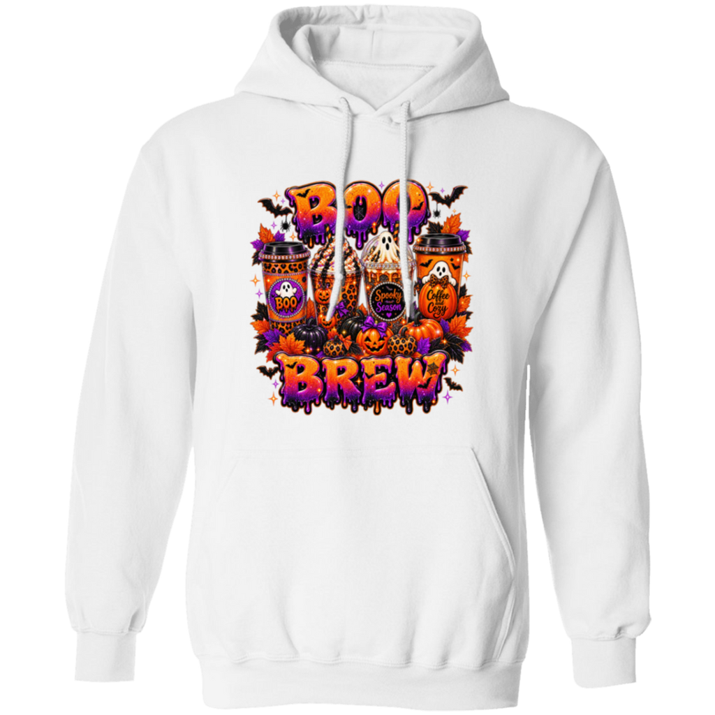 A white pullover hoodie featuring a colorful 'BOO BRAWL' Halloween graphic on the chest, including pumpkins, ghosts, and spooky illustrations, shown against a plain white background.