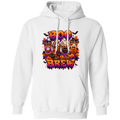A white pullover hoodie featuring a colorful 'BOO BRAWL' Halloween graphic on the chest, including pumpkins, ghosts, and spooky illustrations, shown against a plain white background.