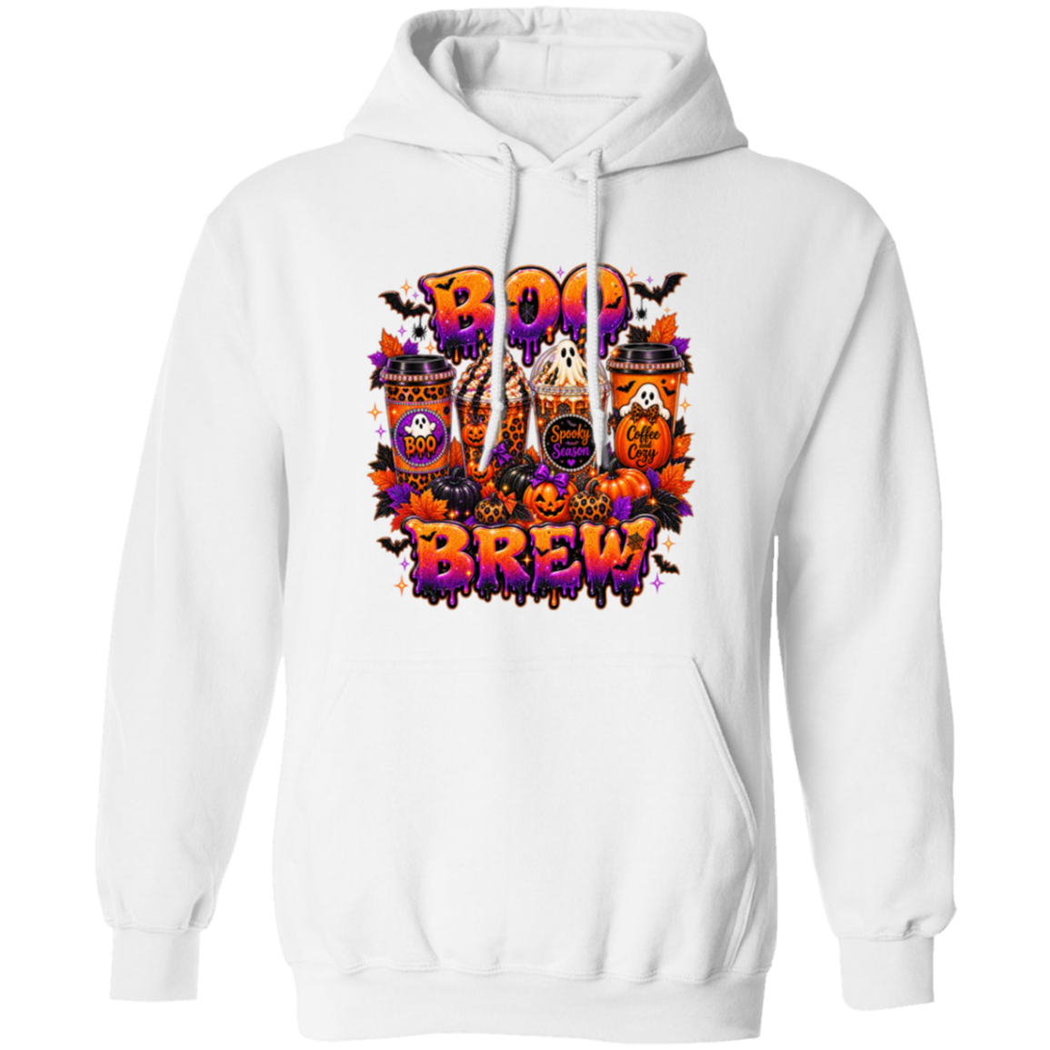 A white pullover hoodie featuring a colorful 'BOO BRAWL' Halloween graphic on the chest, including pumpkins, ghosts, and spooky illustrations, shown against a plain white background.