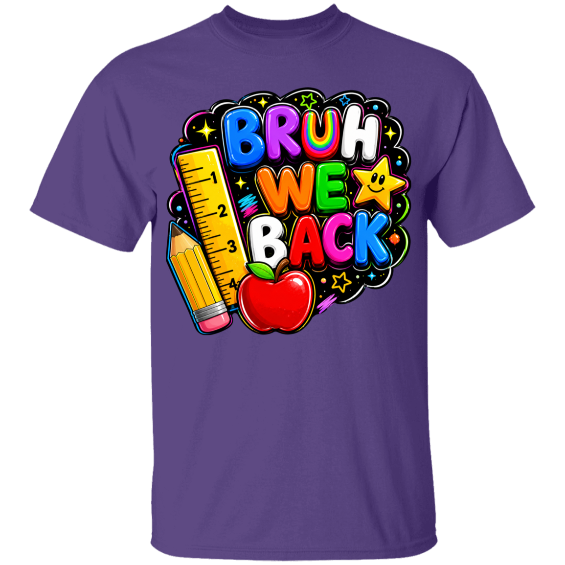 A purple short-sleeve crewneck t-shirt featuring a colorful 'BRUH WE BACK' school-themed graphic on the chest, complete with a yellow pencil, red apple, and star.