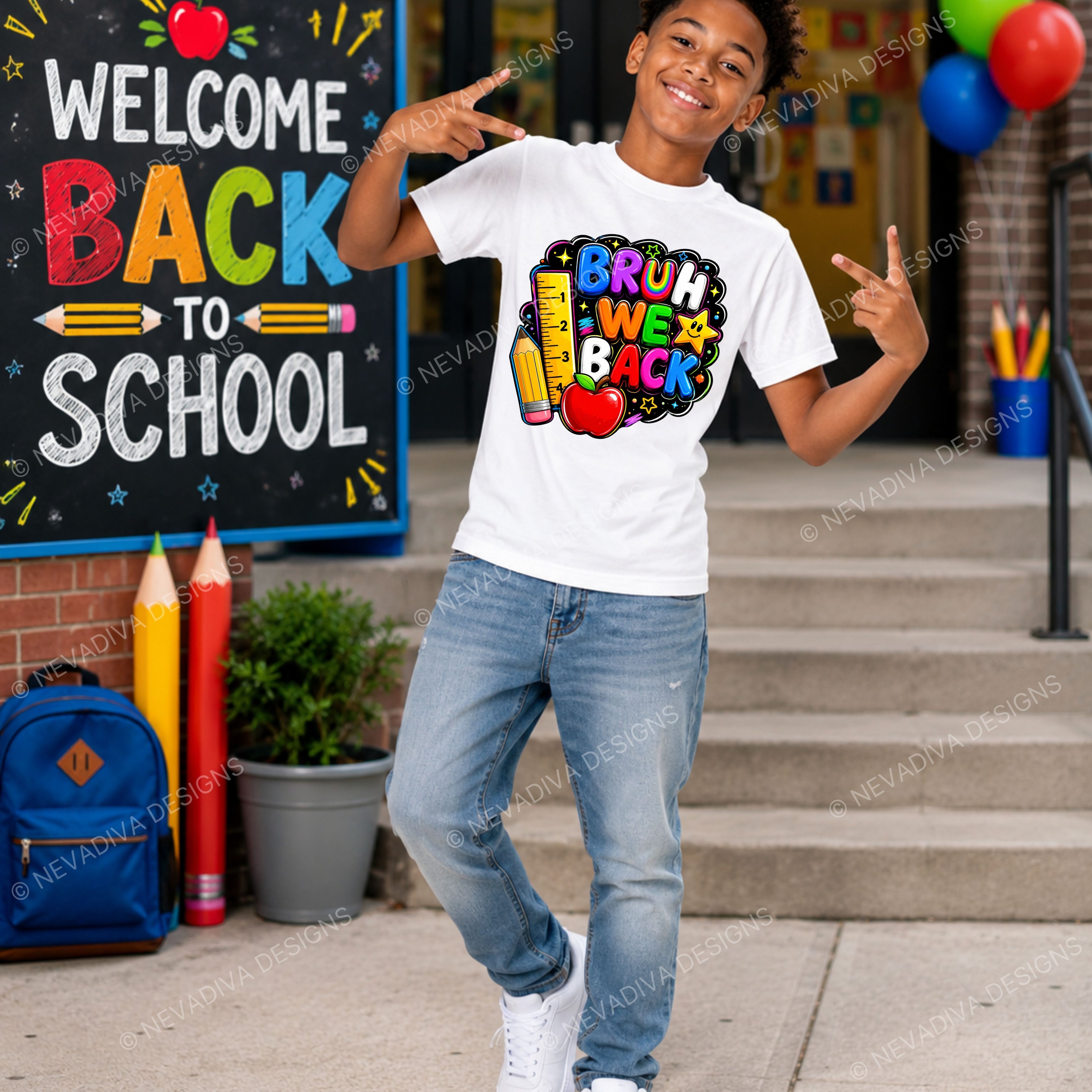 A young boy smiling and posing in front of a school-themed chalkboard sign, wearing a white graphic t-shirt with a colorful 'Bruh We Back' design, blue jeans, and white sneakers.