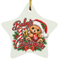 A star-shaped Christmas ornament with a gold hanging loop, featuring a teddy bear in a Santa hat holding a red ornament, green holly, pine branches, and the text 'Baby's 1st Christmas' on a light cream background.