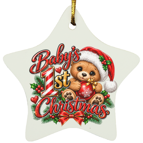 A star-shaped Christmas ornament with a gold hanging loop, featuring a teddy bear in a Santa hat holding a red ornament, green holly, pine branches, and the text 'Baby's 1st Christmas' on a light cream background.