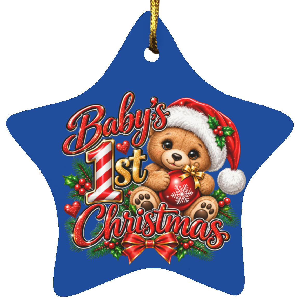 A blue star-shaped Christmas ornament featuring a teddy bear in a Santa hat holding a red ornament, with the text 'Baby's 1st Christmas' and holiday decorations including holly and a red bow, shown on a white background.