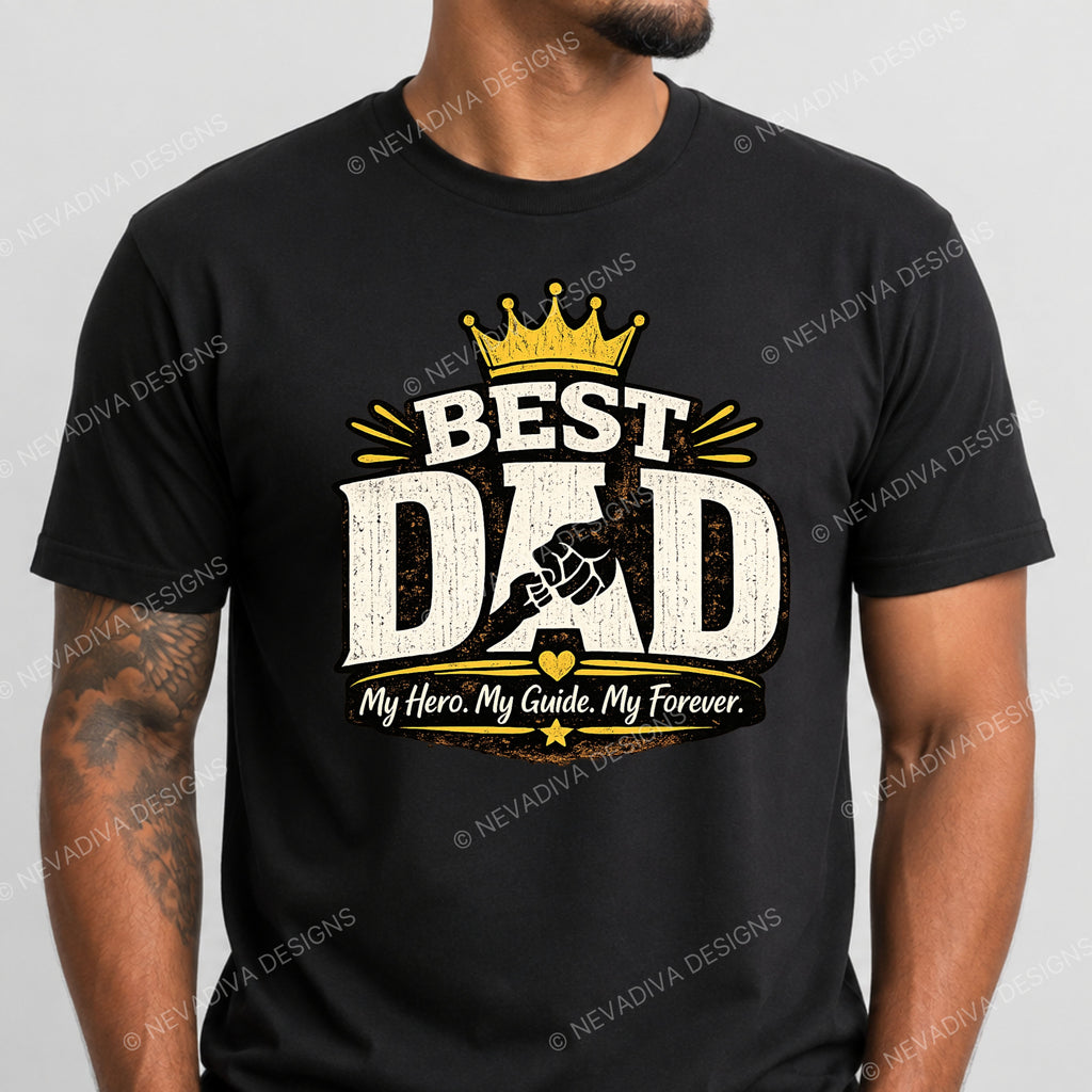 Black t-shirt with 'Best Dad' graphic design on a gray background