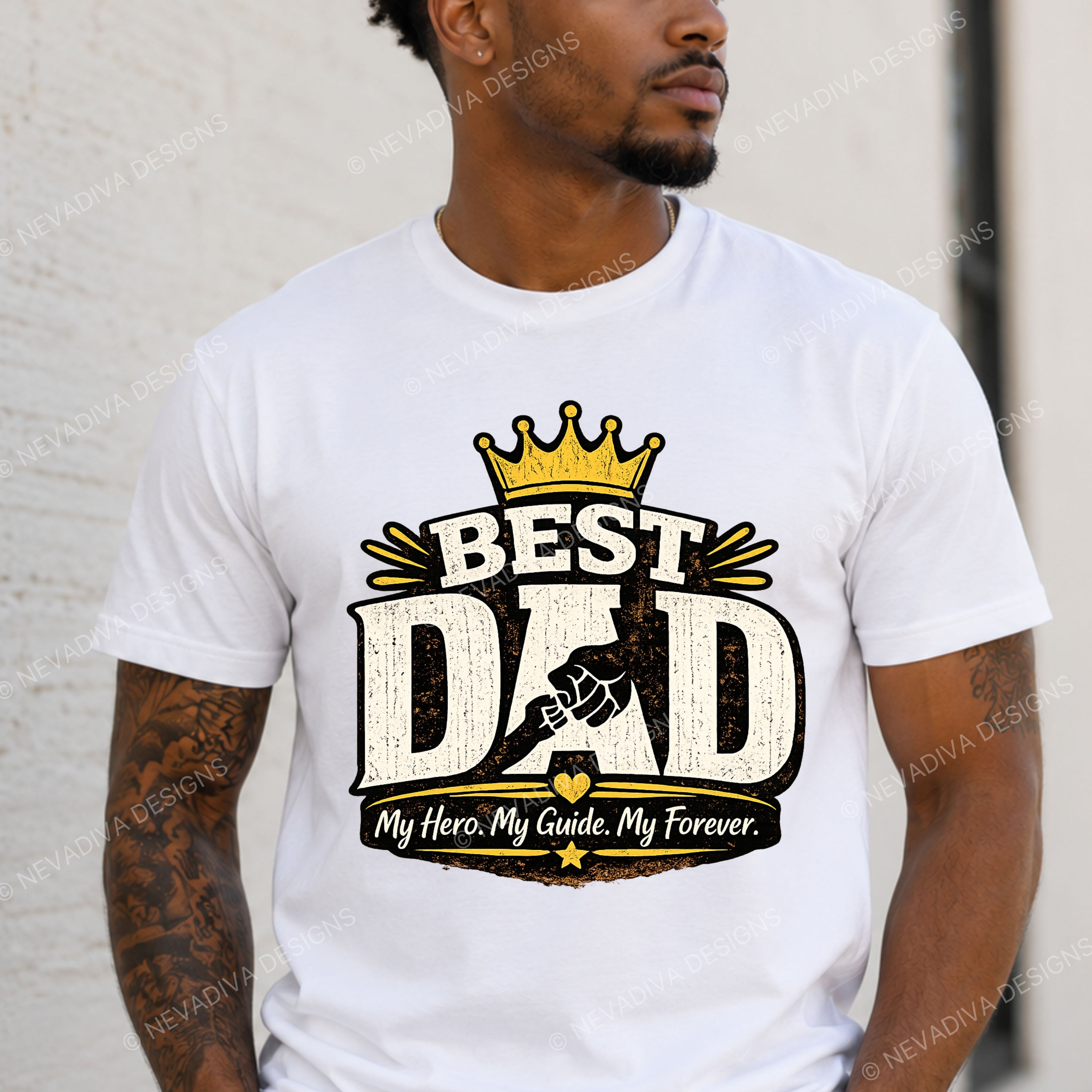 Man wearing a white t-shirt with 'Best Dad' graphic design.