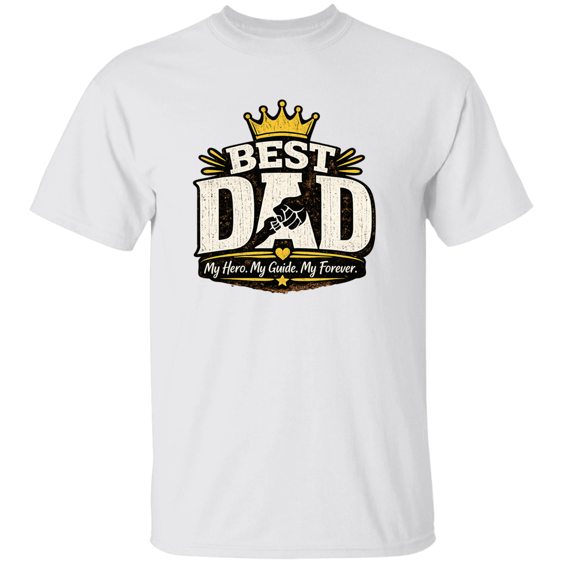A white T-shirt with Best DAD on the front and a white background