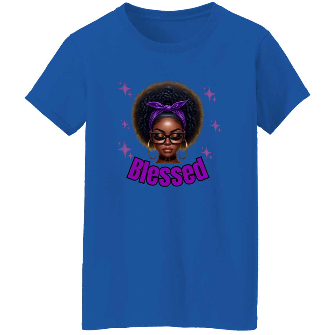 Blue t-shirt with a graphic of a woman with an afro, glasses, and a purple headband with the word 'Blessed' on a white background.
