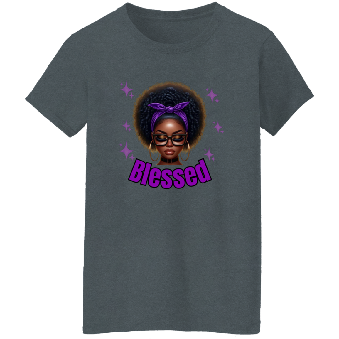 Gray t-shirt with a graphic of a woman with a purple headband and the word 'Blessed' on a white background