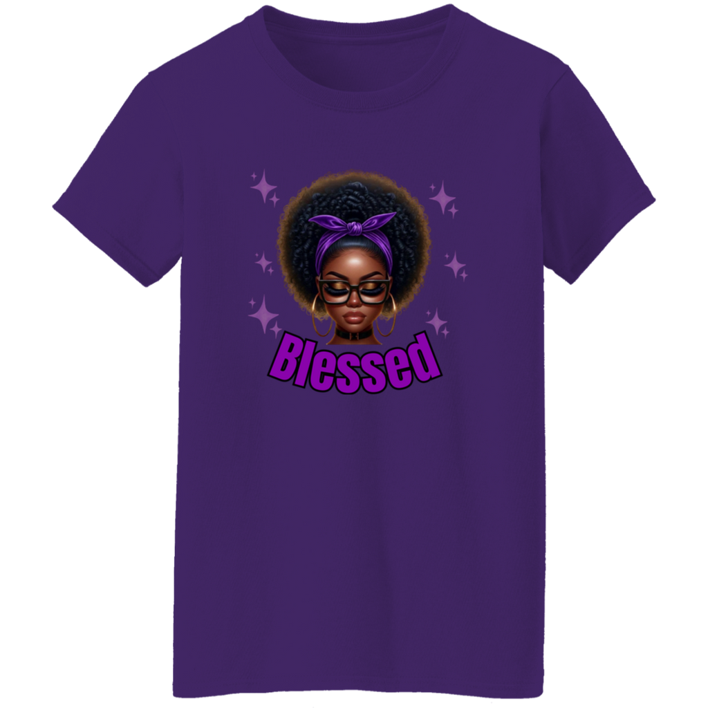 Purple t-shirt with a graphic of a woman with a purple headband and the word 'Blessed' on a white background.
