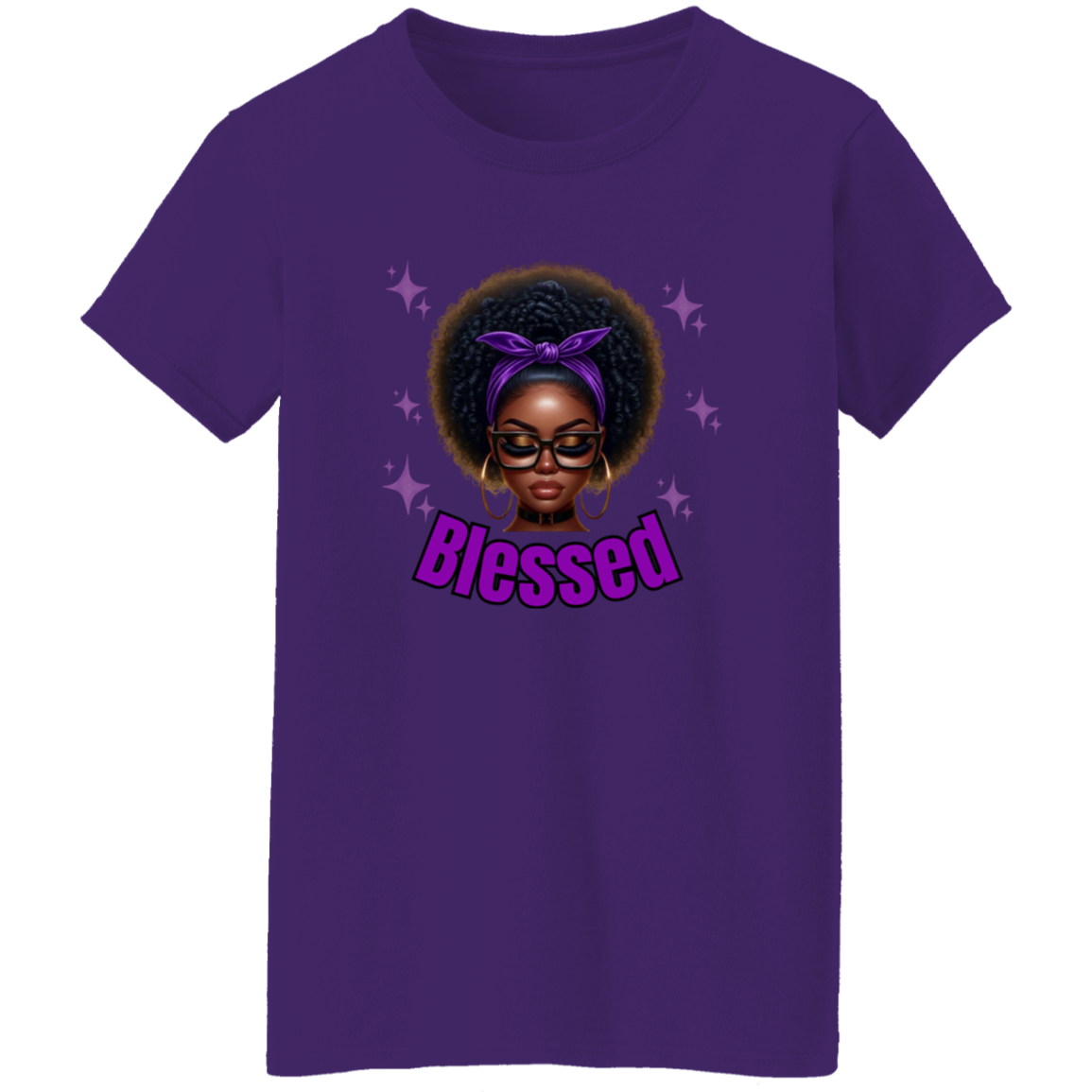 Purple t-shirt with a graphic of a woman with a purple headband and the word 'Blessed' on a white background.