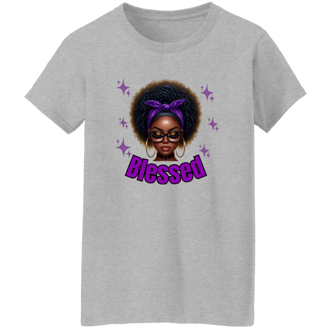 Gray t-shirt with a graphic of a woman with an afro, glasses, and a purple headband with the word 'Blessed' on a white background.