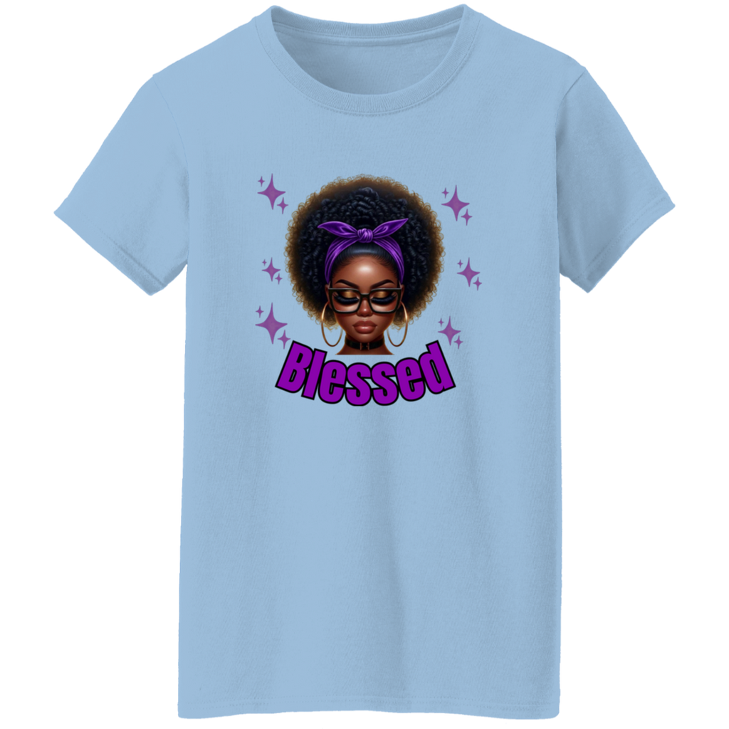 Light blue t-shirt with a graphic of a woman with an afro, glasses, and a purple headband with the word 'Blessed' on a white background.