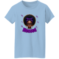 Light blue t-shirt with a graphic of a woman with an afro, glasses, and a purple headband with the word 'Blessed' on a white background.