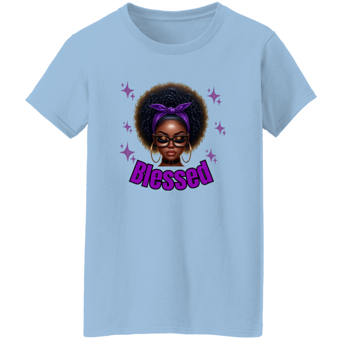 Light blue t-shirt with a graphic of a woman with an afro, glasses, and a purple headband with the word 'Blessed' on a white background.