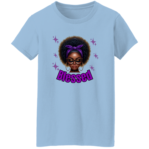Light blue t-shirt with a graphic of a woman with an afro, glasses, and a purple headband with the word 'Blessed' on a white background.