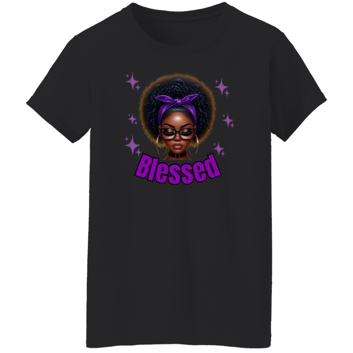 Black t-shirt with a graphic of a woman with a purple headband and the word 'Blessed' on a white background.